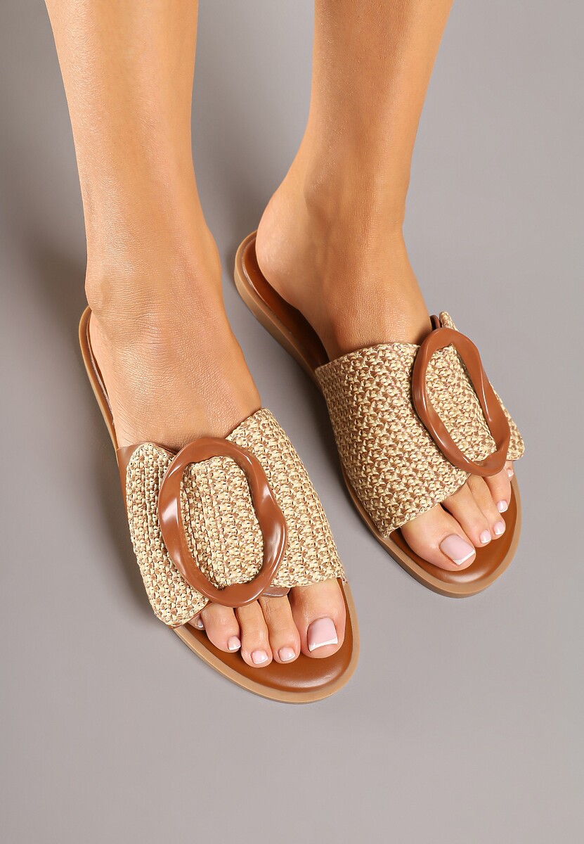 Beżowe Klapki Vices Ozdobione Geometryczną Aplikacją Arririanne