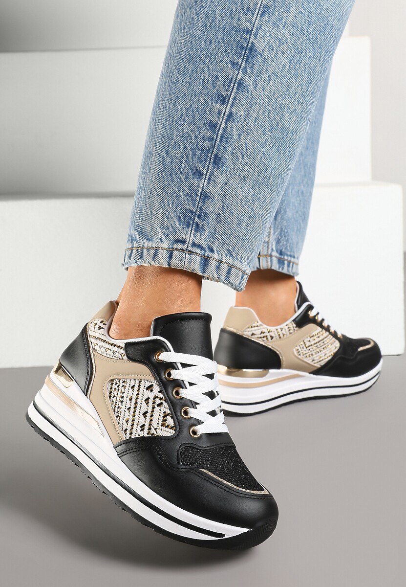 Czarne Sneakersy na Koturnie z Geometrycznym Wzorem i Brokatem Tillineira