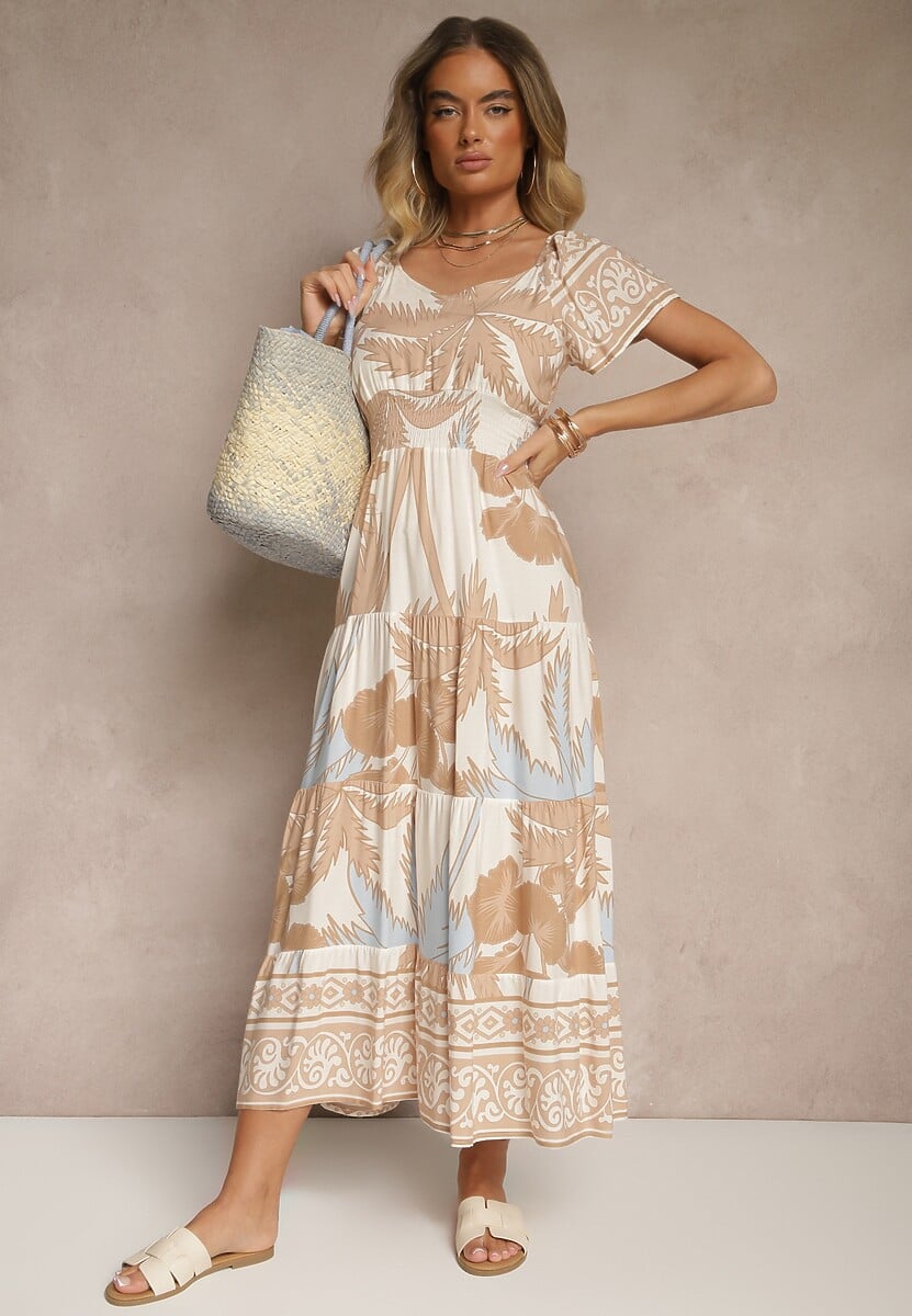 Jasnobeżowa Sukienka Rozkloszowana z Wiskozy w Boho Wzór Elliseira