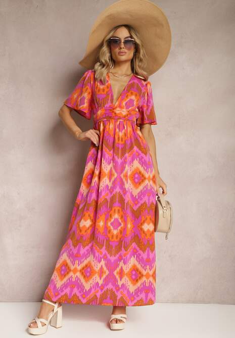 Fioletowo-Pomarańczowa Sukienka Rozkloszowana z Dekoltem w V Natica