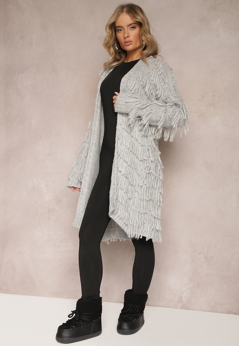 Szary Niezapinany Kardigan w Ozdobne Frędzle Massawa