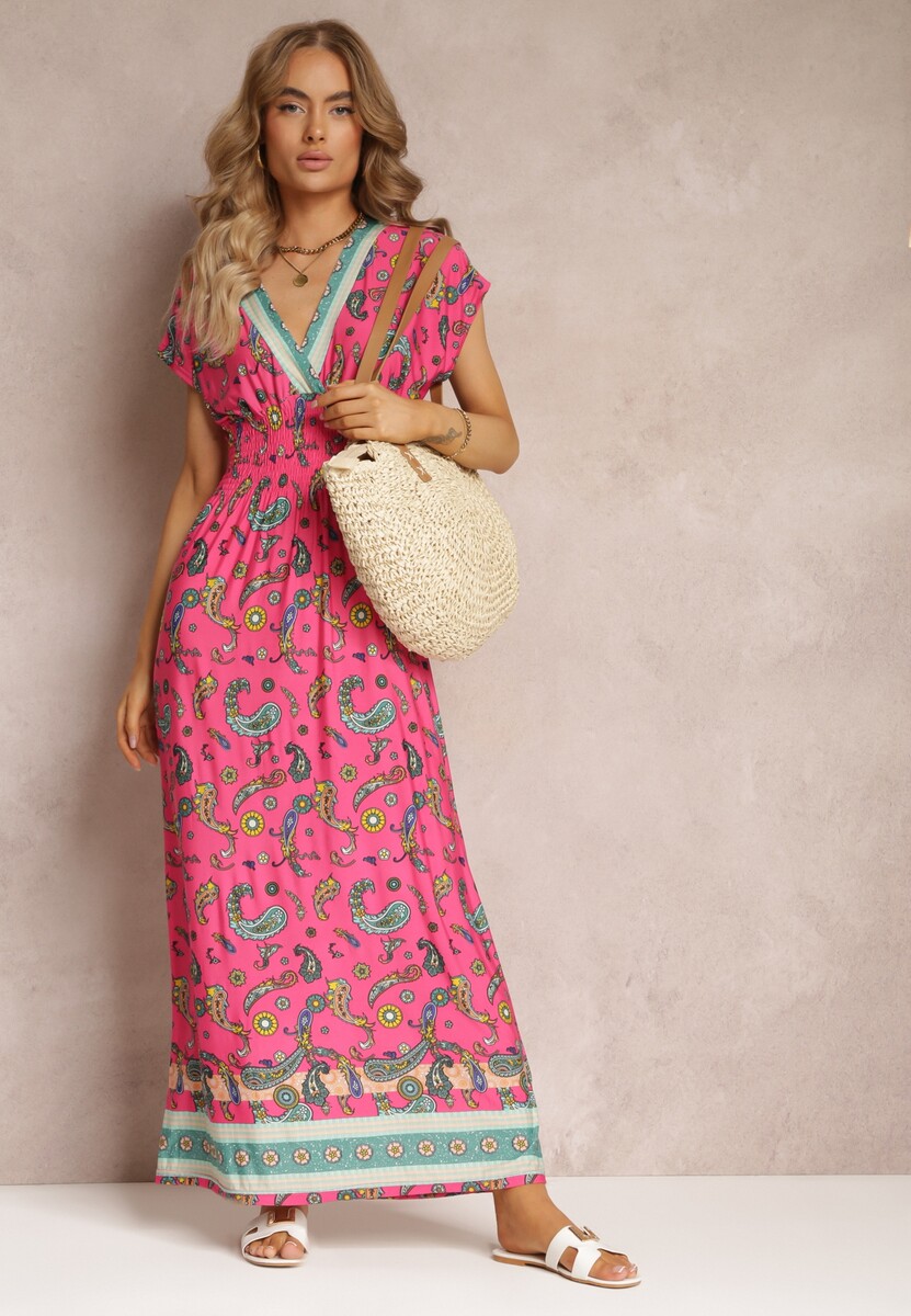 Różowa Rozkloszowana Sukienka Maxi z Printem Paisley z Gumką w Pasie Zoenia
