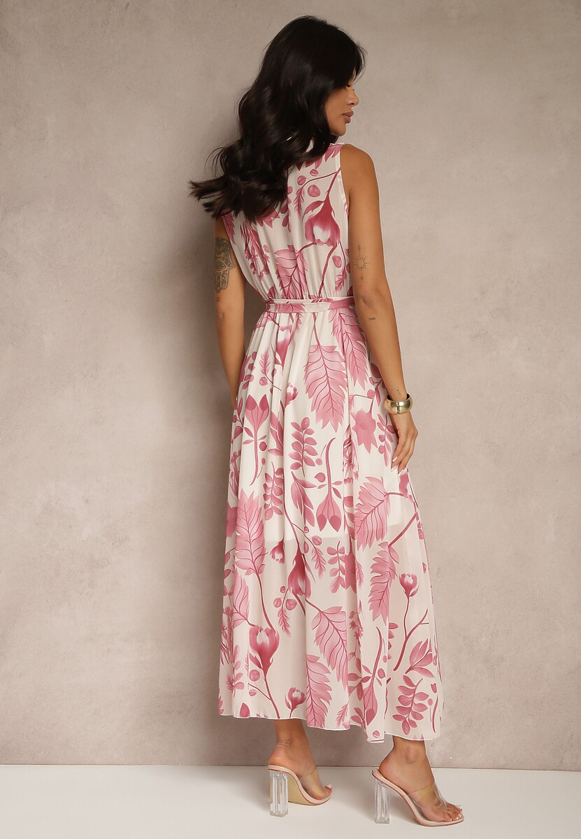 Różowa Sukienka z Wiskozą z Kopertowym Dekoltem i Wiązanym Paskiem Natisolve