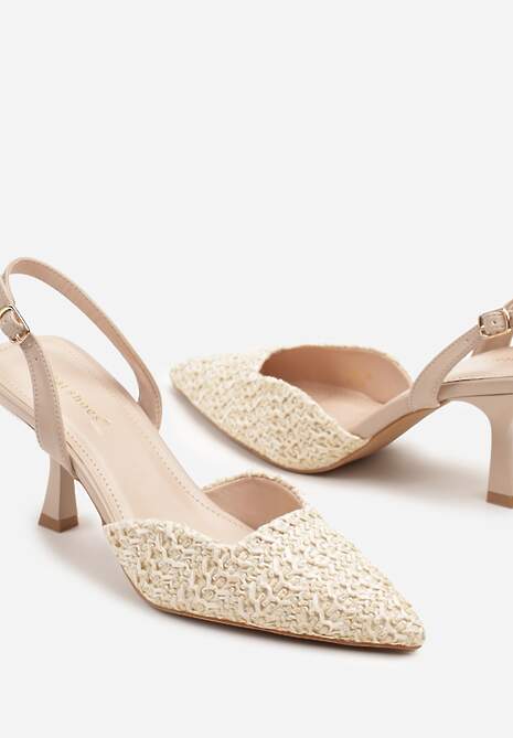 Beżowe Sandały na Szpilce Typu Slingback z Plecioną Cholewką Tatelana