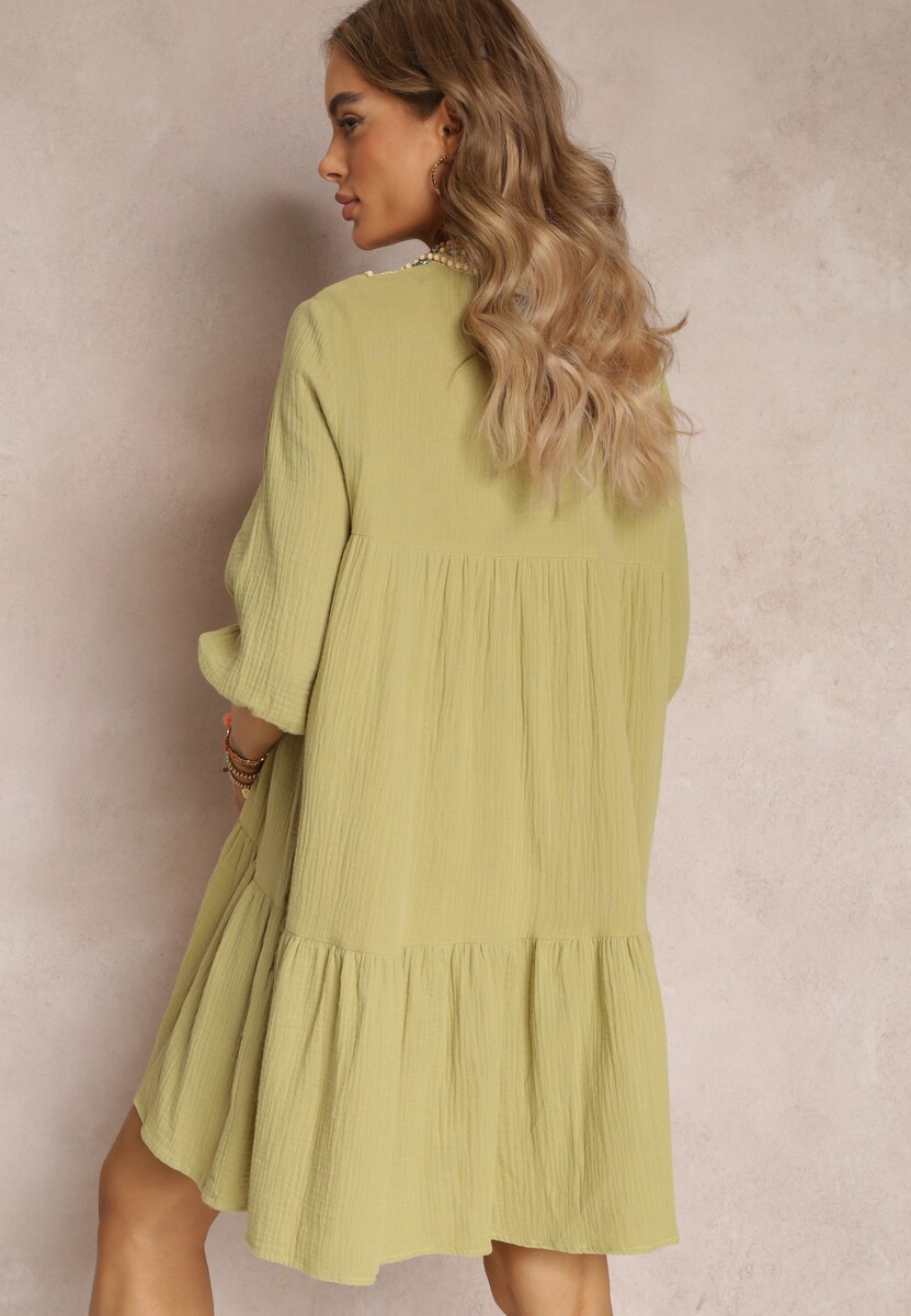 Zielona Rozkloszowana Sukienka Mini Ozdobiona Plecionką Przy Dekolcie Rufta