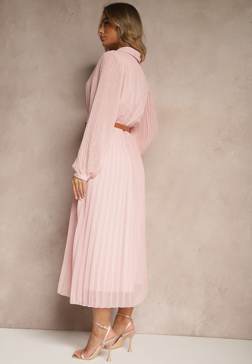 Różowa Koszulowa Sukienka z Plisami i Dodatkowym Paskiem Miarosea