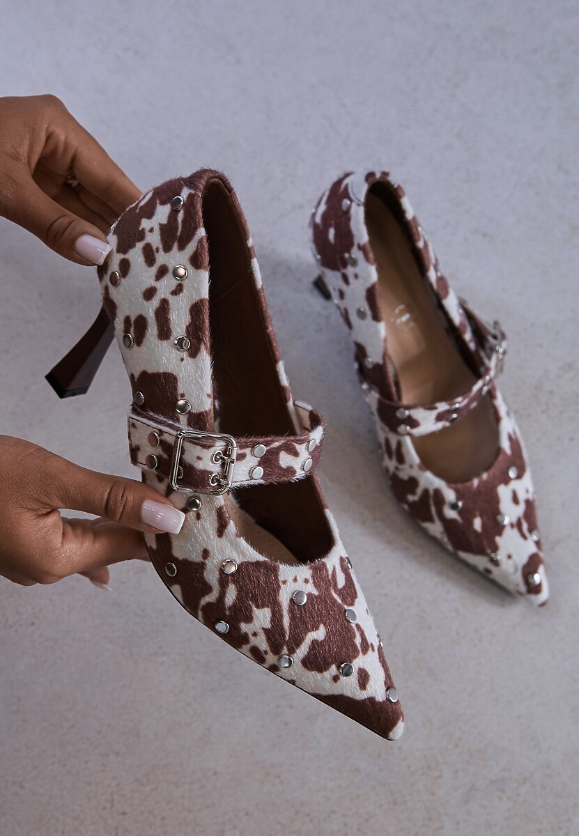 Brązowe Czółenka Vices w Krowie Łaty na Szpilce z Wkładką ze Skóry Naturalnej Ozdobione Nitami Rileinea Viralowe