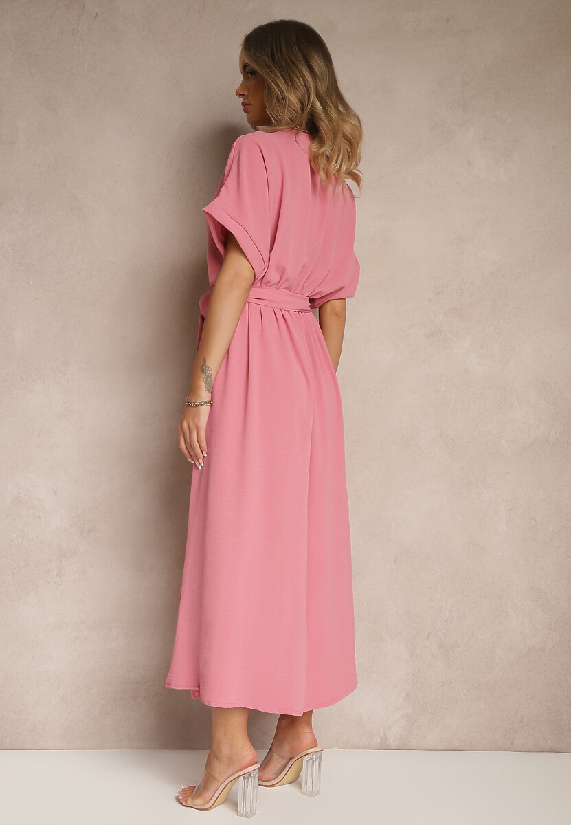 Różowa Rozkloszowana Sukienka z Bawełną i Paskiem Lunapinia