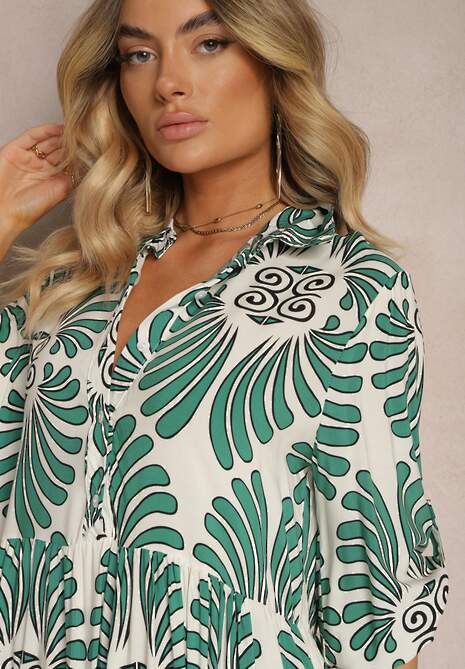 Zielono-Biała Wiskozowa Sukienka Zapinana na Guziki z Regulowanymi Rękawami Biatalia