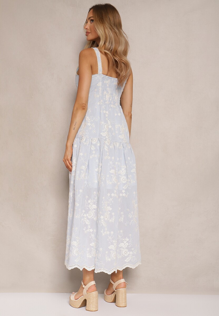 Niebieska Boho Sukienka Wiskozowo-Bawełniana z Guzikami na Ramiączkach w Kwiatowy Print Lildexis