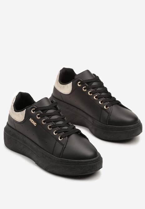 Czarno-Złote Sneakersy na Niskim Koturnie Zdobione Metalicznymi Wstawkami Alirisa