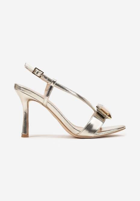 Złote Eleganckie Sandały na Obcasie z Ozdobnym Kamieniem i Paskami Aridwenna