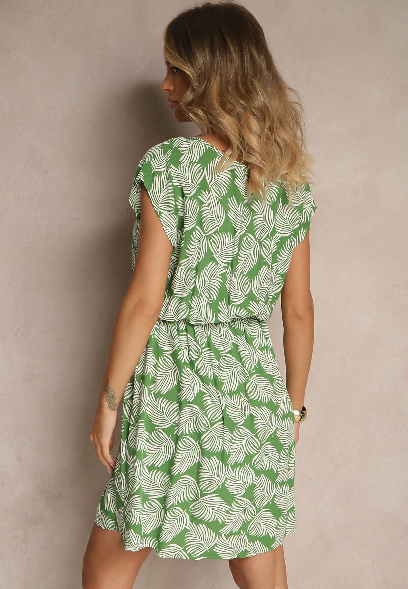 Zielona Rozkloszowana Sukienka na Krótki Rękaw z Gumką w Talii Milenea
