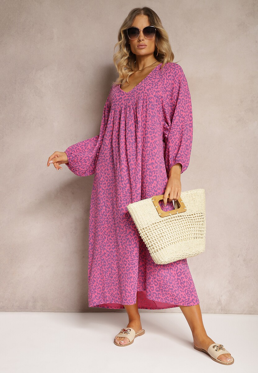 Fuksjowa Bawełniana Sukienka Trapezowa Zakończona Gumką przy Rękawach Vesivia