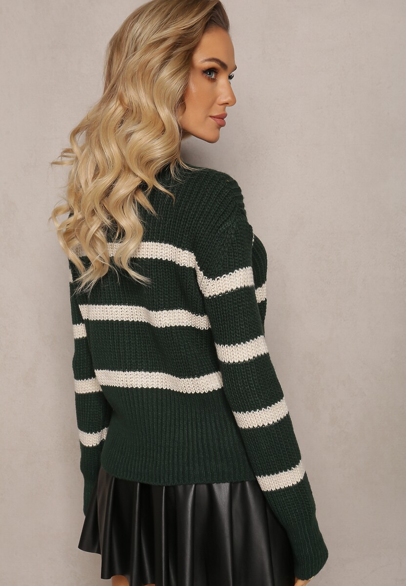 Ciemnozielony Elastyczny Sweter w Paski z Okrągłym Dekoltem Lillana