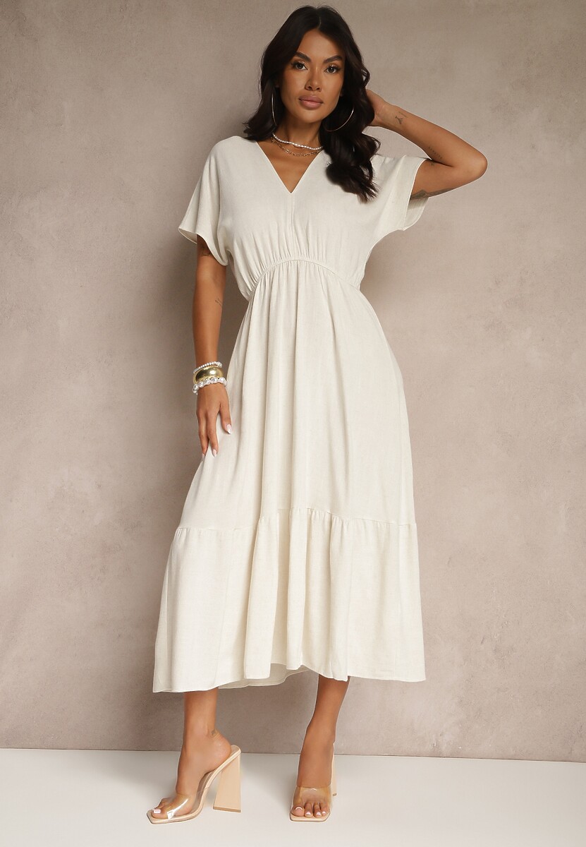 Granatowa Sukienka z Wiskozą i Lnem z Wiązaniem z Tyłu Kolissea