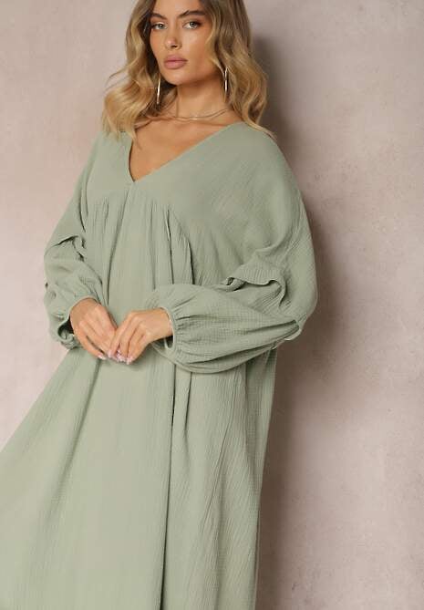 Ciemnozielona Muślinowa Trapezowa Sukienka z Bawełny Wykończona Falbaną i Ozdobnymi Rękawami Tanisea