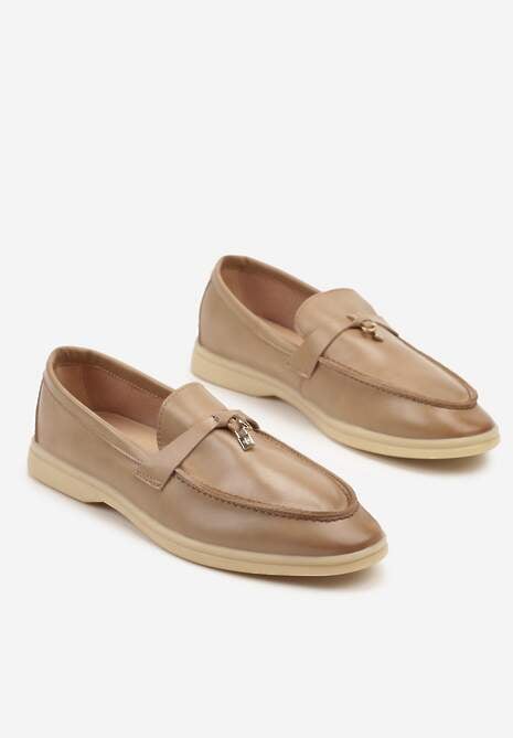 Ciemnobeżowe Mokasyny Zdobione Elegancką Aplikacją ze Skórzaną Wkładką Doreme