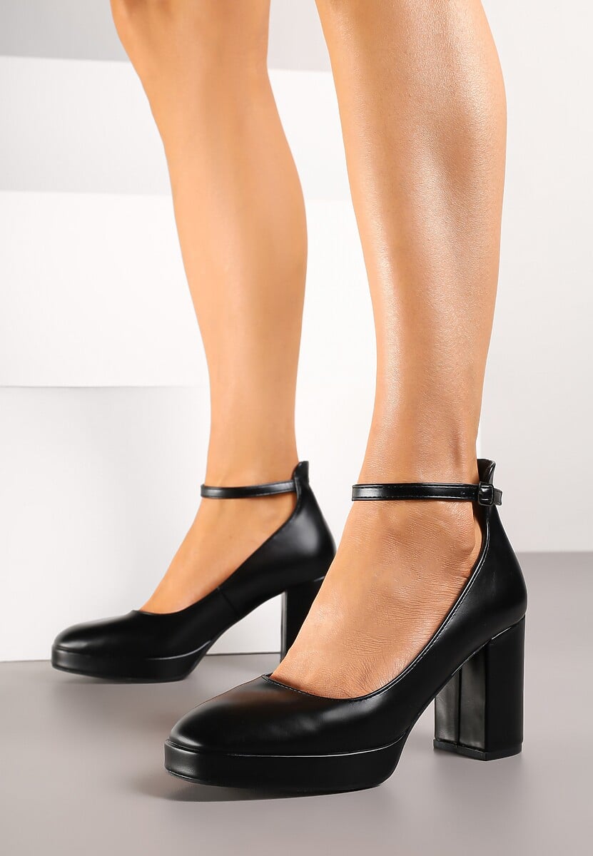 Czarne Jenolite Czółenka Zapinane wokół Kostki na Sprzączkę z Wysokim Słupkiem Rayisa