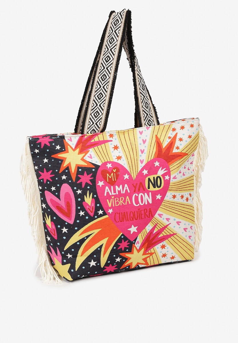 Czarno-Biała Duża Torebka na Grubszych Ramiączkach z Frędzlami po Bokach Axubia