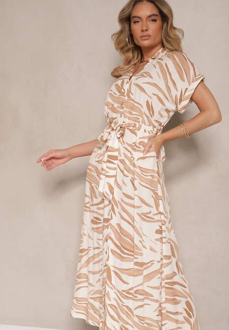 Jasnobeżowa Bawełniana Sukienka w Zebrę o Koszulowym Kroju z Wiązanym Paskiem Florloti