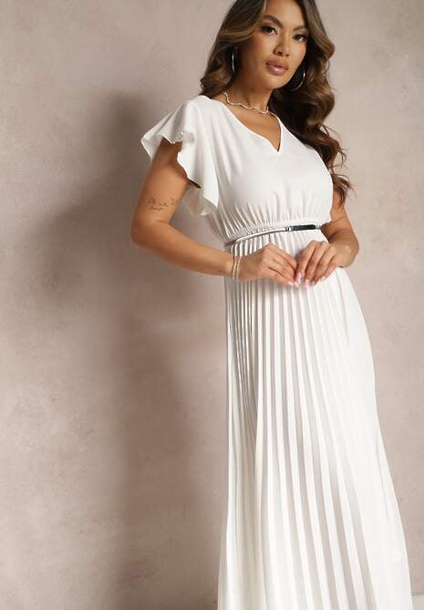 Biała Rozkloszowana Sukienka z Plisami Maxi z Falbankami przy Ramionach Nethula