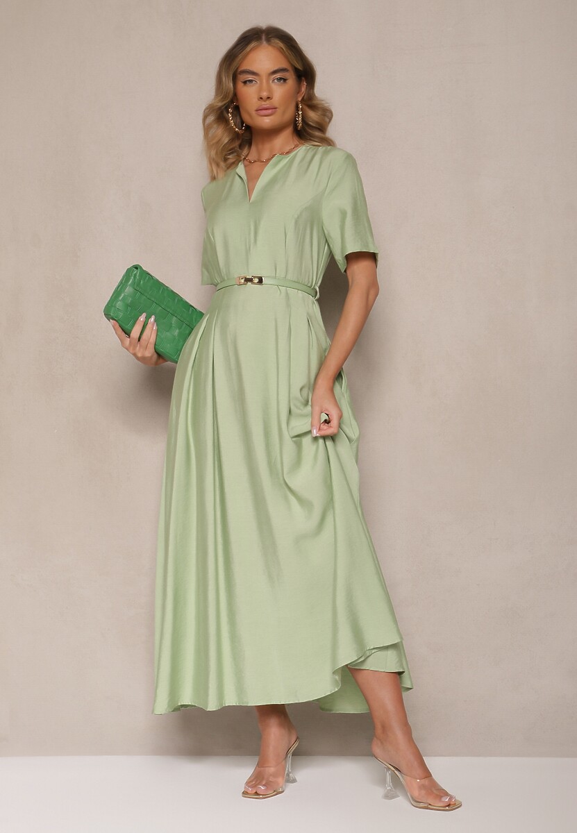 Zielona Rozkloszowana Sukienka z Lnu i Wiskozy z Paskiem ze Sprzączką Linoretia