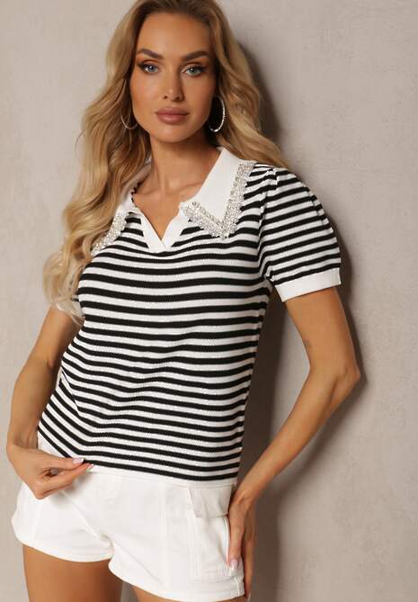 Biało-Czarna Wiskozowa Bluzka w Paski ze Zdobieniami na Kołnierzyku Veniala