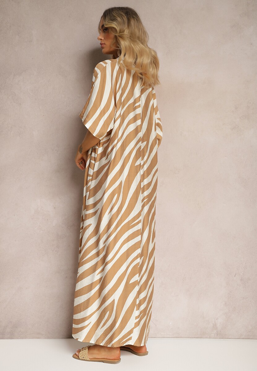 Beżowa Sukienka Koszulowa z Rękawami Typu Nietoperz i Guzikami Cesolla