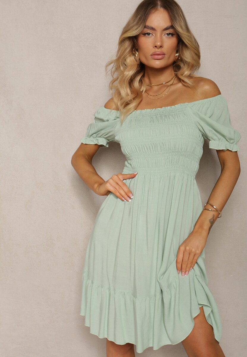 Jasnoniebieska Bawełniana Sukienka o Rozkloszowanym Kroju z Gumką przy Dekolcie Moridia