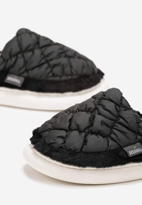 Czarne Eleganckie Kapcie Pikowane na Niskiej Platformie Tavemene