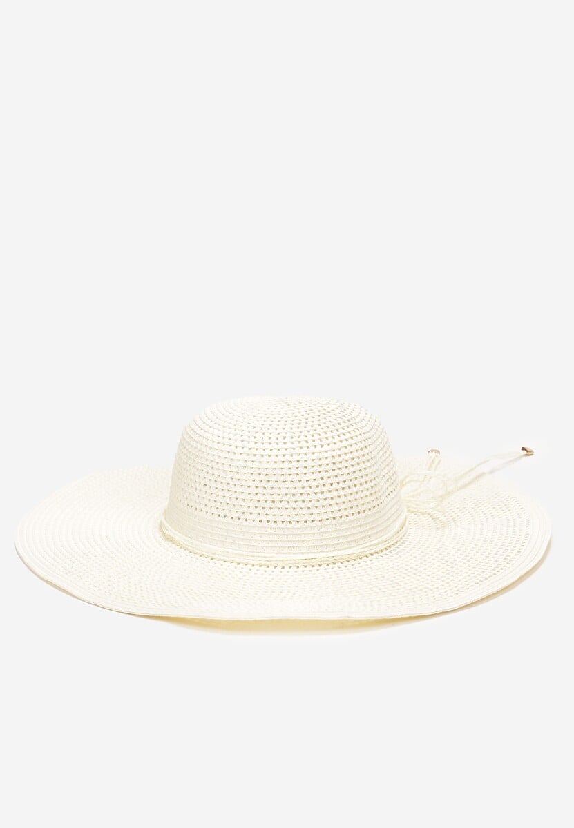 Beżowy Szeroki Kapelusz z Plecionki Ozdobiony Wiązaniem Anothy