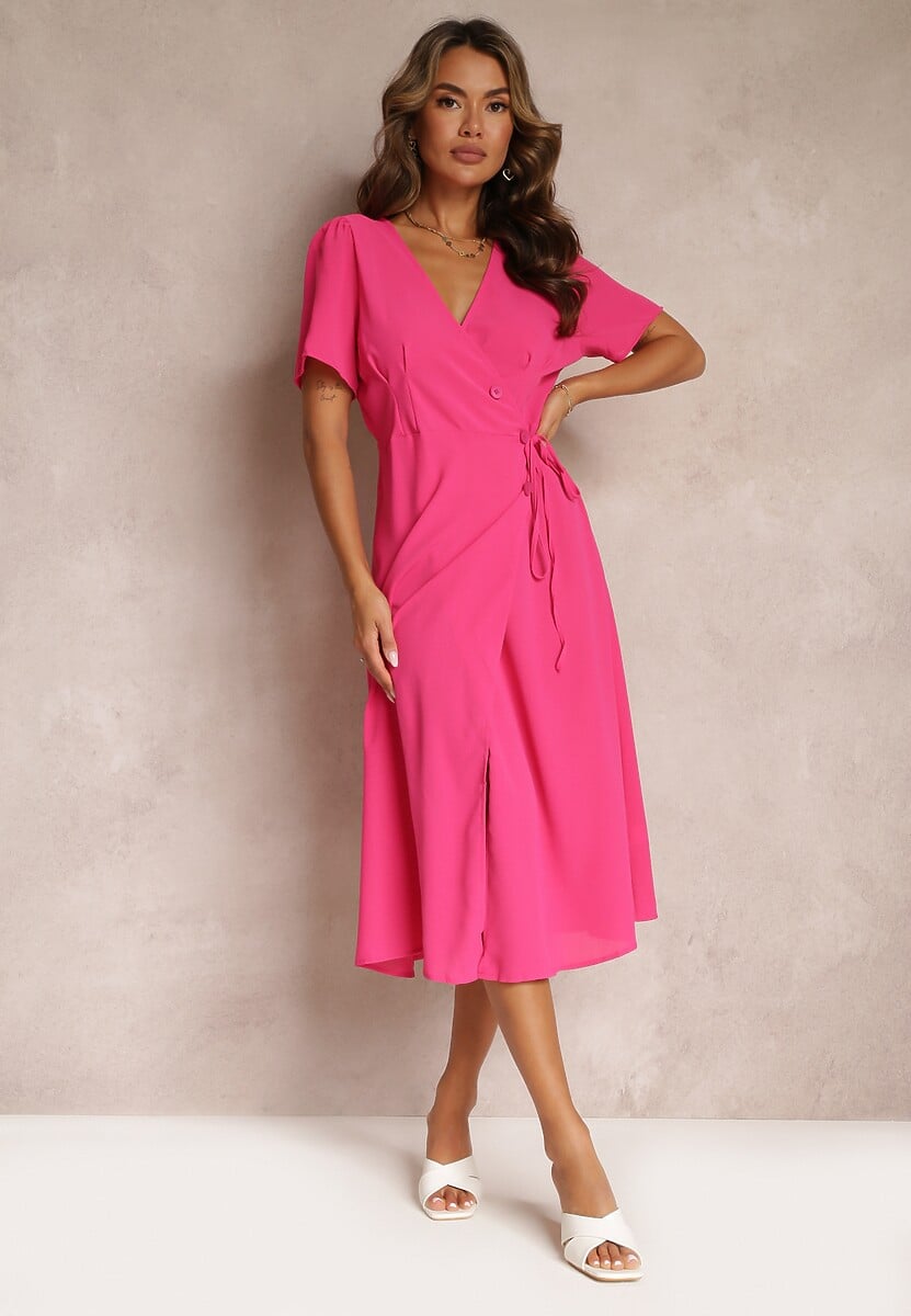 Fuksjowa Sukienka Midi z Kopertowym Dekoltem i Wiązaniem w Pasie Elisanu