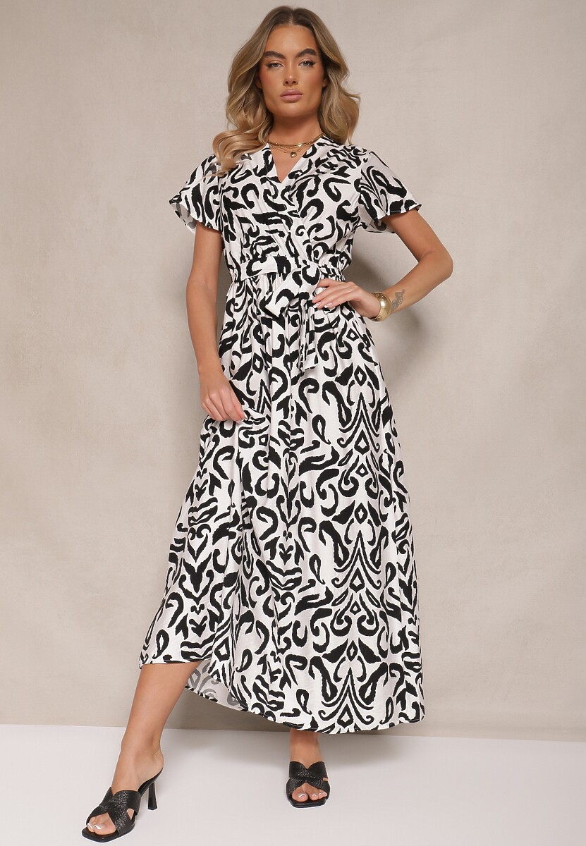 Czarna Kopertowa Sukienka z Wiskozy z Wiązanym Paskiem Norzia