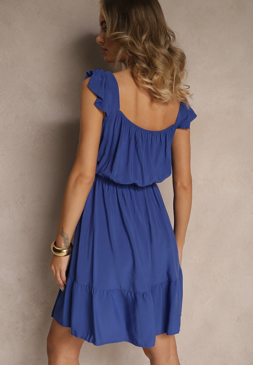 Granatowa Rozkloszowana Sukienka z Wiskozą z Gumką w Talii Lirandine