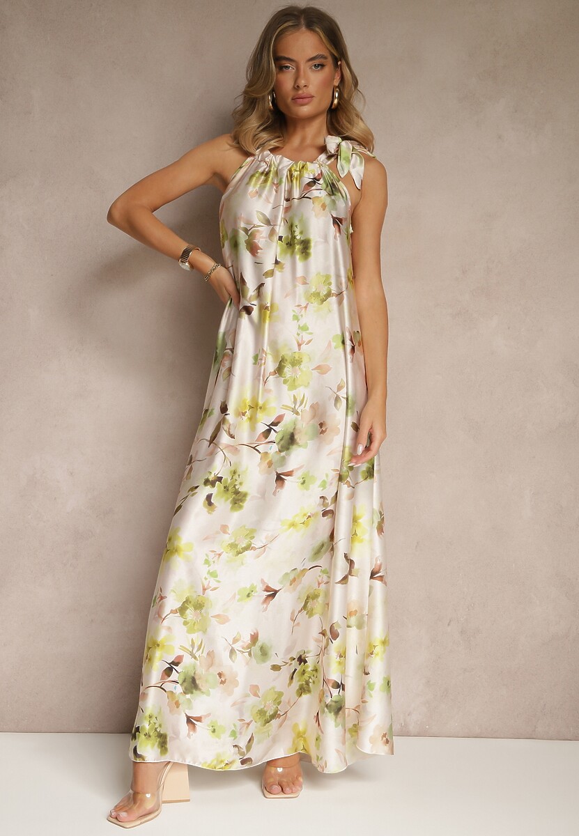 Zielona Sukienka z Satyny w Kwiatowy Wzór Fenimea