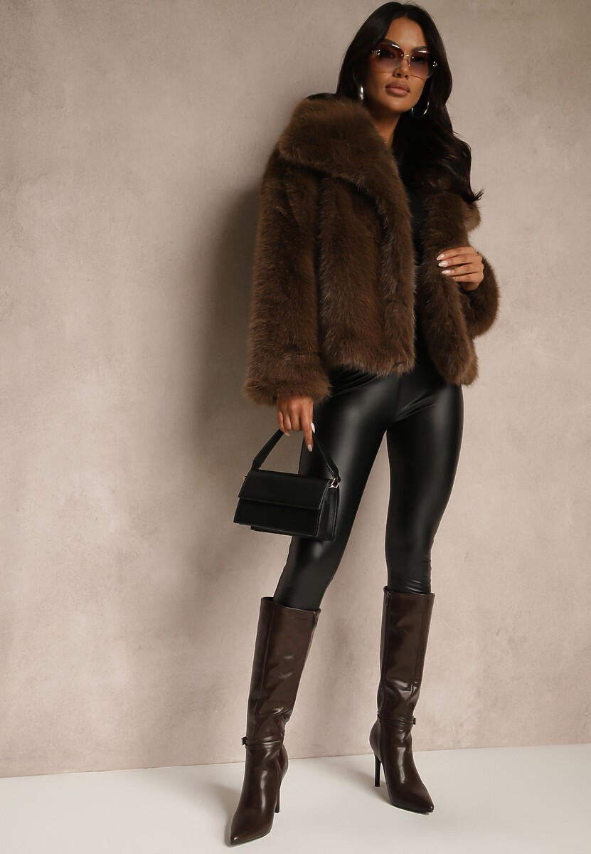 Brązowa Kurtka ze Sztucznego Futra Ozdobiona Kołnierzem Meriian