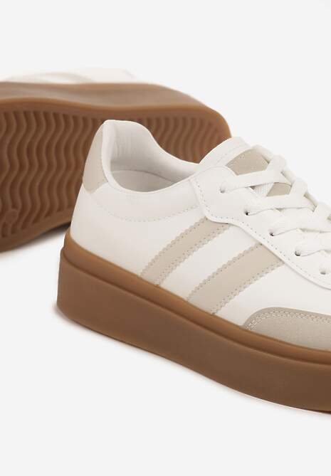 Biało-Beżowe Sneakersy na Kauczukowej Podeszwie Ozdobione Paskami Nilimea