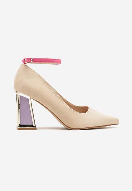 Beżowe Czółenka na Słupku Ozdobione Paskiem i Metaliczną Aplikacją Lannethe