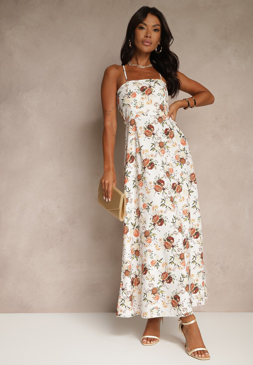 Beżowa Rozkloszowana Sukienka z Wiskozą w Kwiatowy Wzór Nalivie