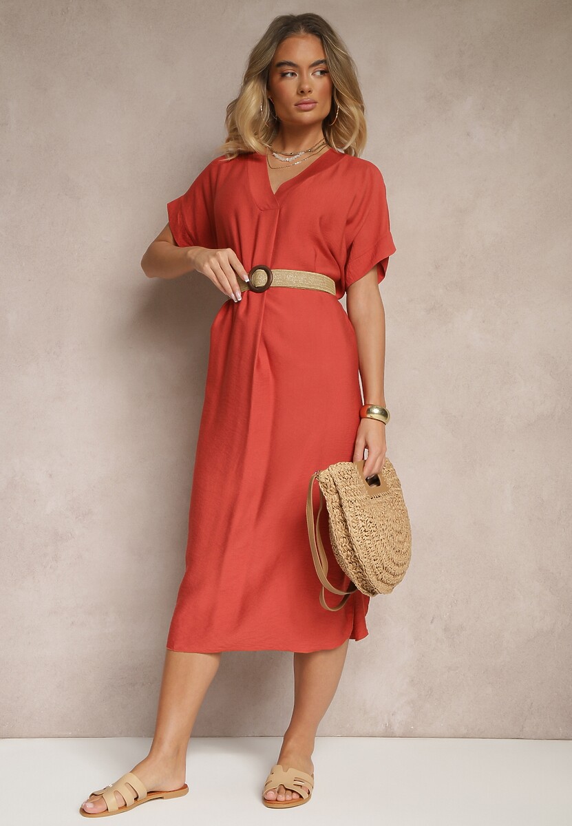 Czerwona Pudełkowa Sukienka z Wiskozy z Dekoltem V Paskiem i Rozcięciami po Bokach Soniloria