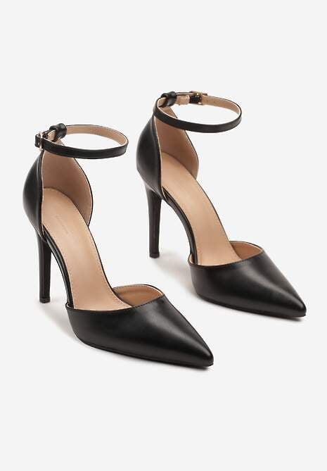 Czarne Szpilki z Noskiem w Szpic i Paskiem przy Kostce Elarimea