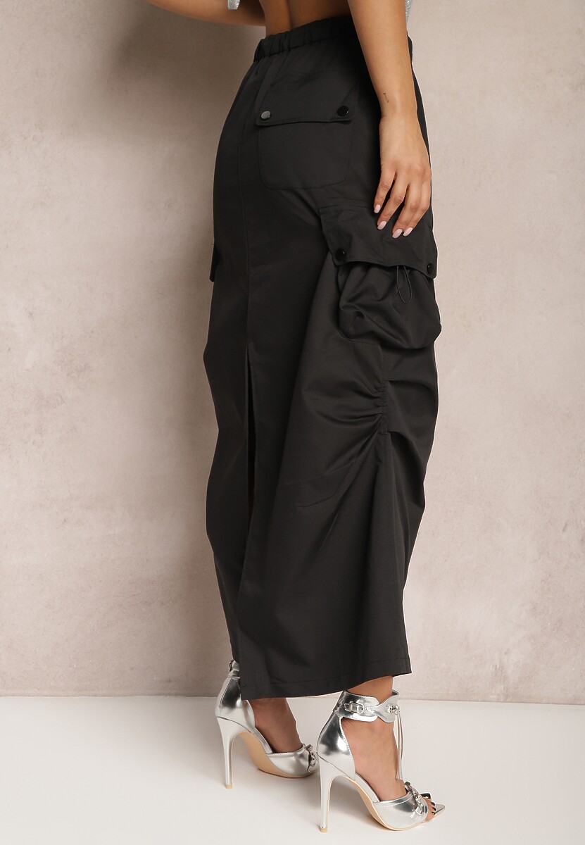 Czarna Marszczona Spódnica Midi w Stylu Cargo z Gumką w Talii Gacieam