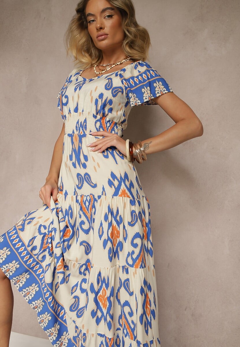 Niebieska Sukienka z Wiskozy Ozdobiona Geometrycznym Motywem Clevessa