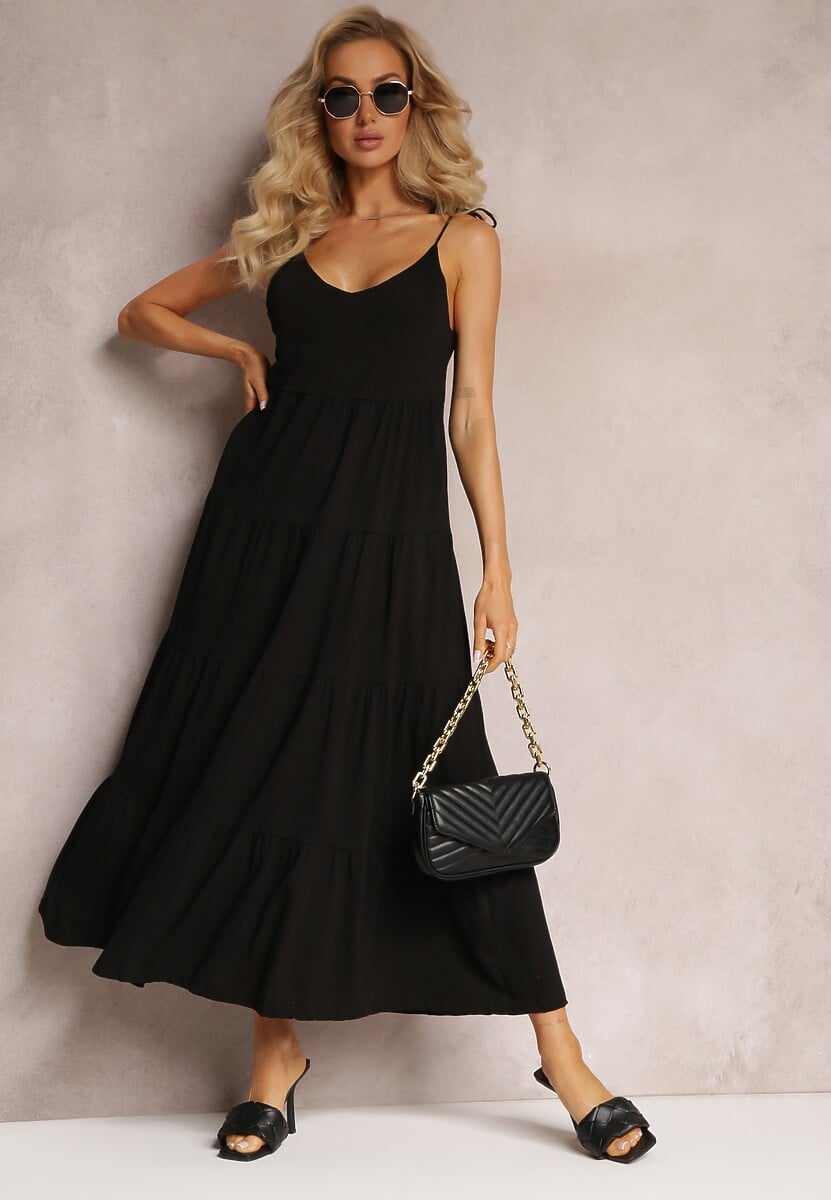 Czarna Bawełniana Sukienka Maxi z Wiązanymi Ramiączkami i Rozkloszowaną Falbaną Mariones