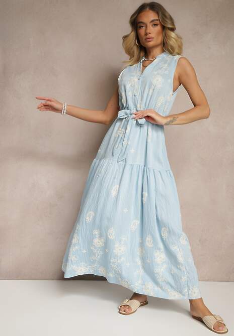 Jasnoniebieska Sukienka Bez Rękawów z Koszulową Górą Ozdobiona Haftem Mepiora