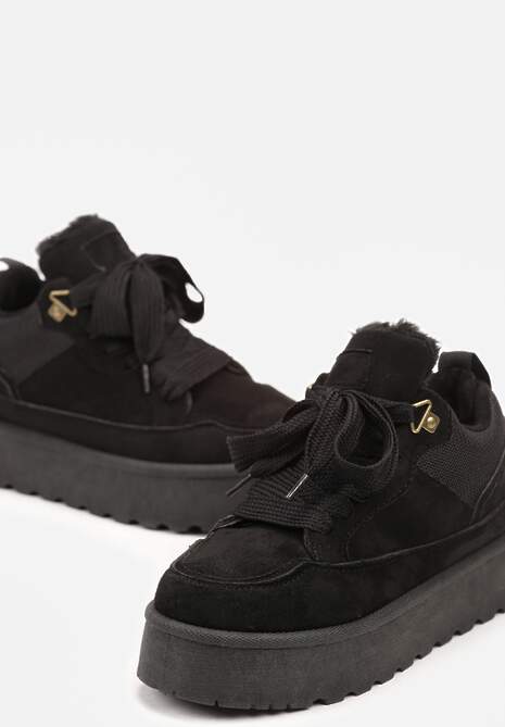 Czarne Sneakersy na Platformie ze Sznurowaniem Ozdobione Futerkiem Vaivelle