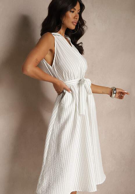 Biała Koszulowa Sukienka Bez Rękawów z Wiązanym Paskiem Lideene