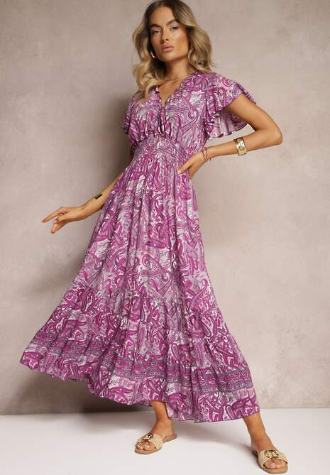 Fioletowa Bawełniana Sukienka Paisley z Kopertowym Dekoltem z Falbaną i Gumką w Talii Brionea