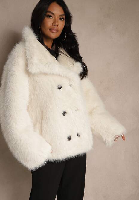 Beżowa Dwustronna Kurtka Biker Ozdobiona Futerkiem Flitta